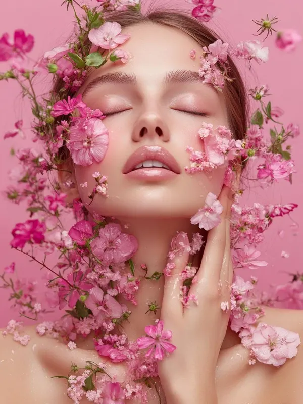 Woman floating among roses