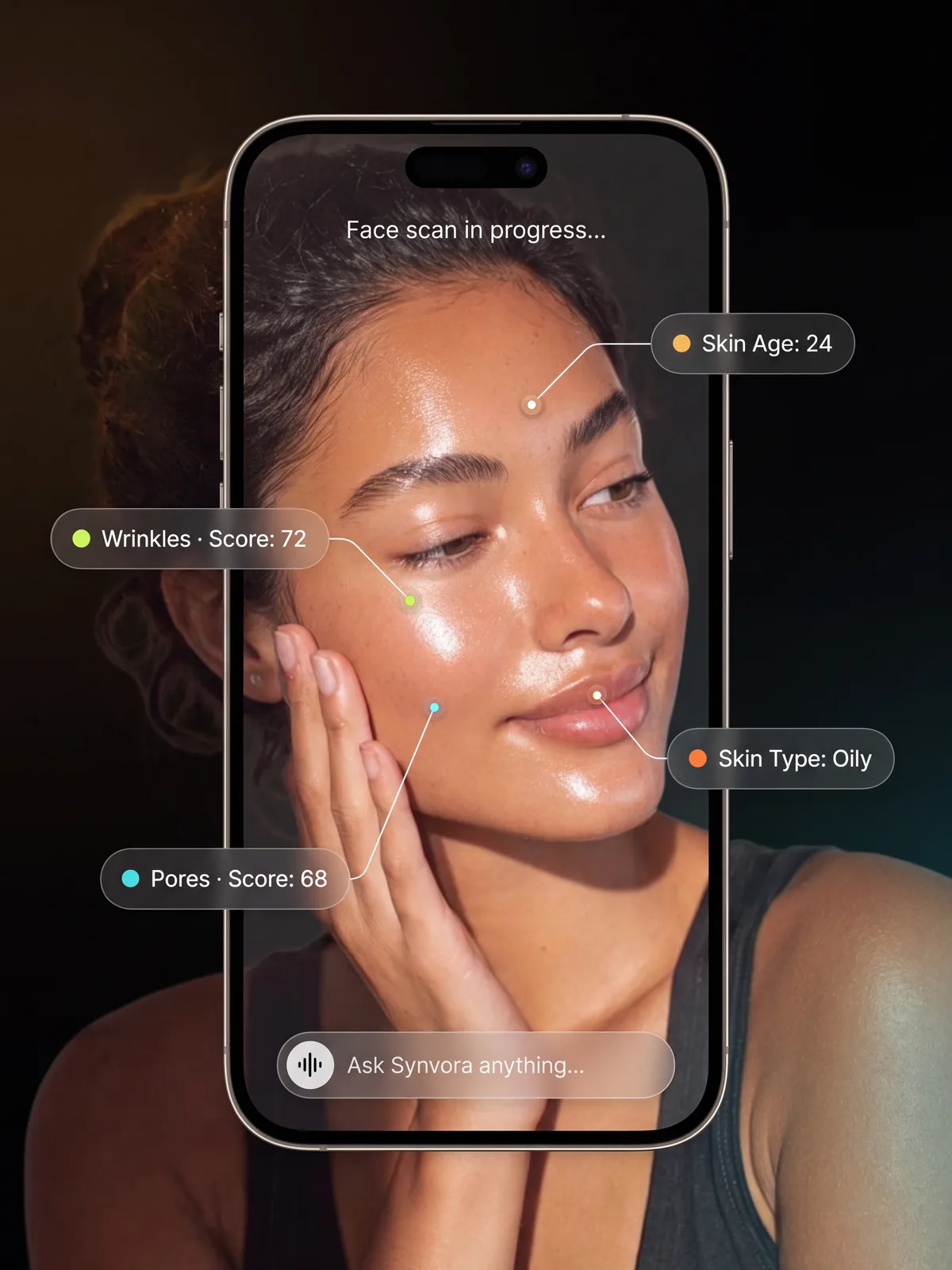 Phone scanning a face with skin-analysis labels